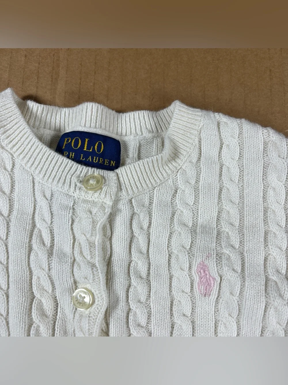 Polo Ralph Lauren Girls 4T White Cable Knit Cardigan Sweater Pink Pony Logo